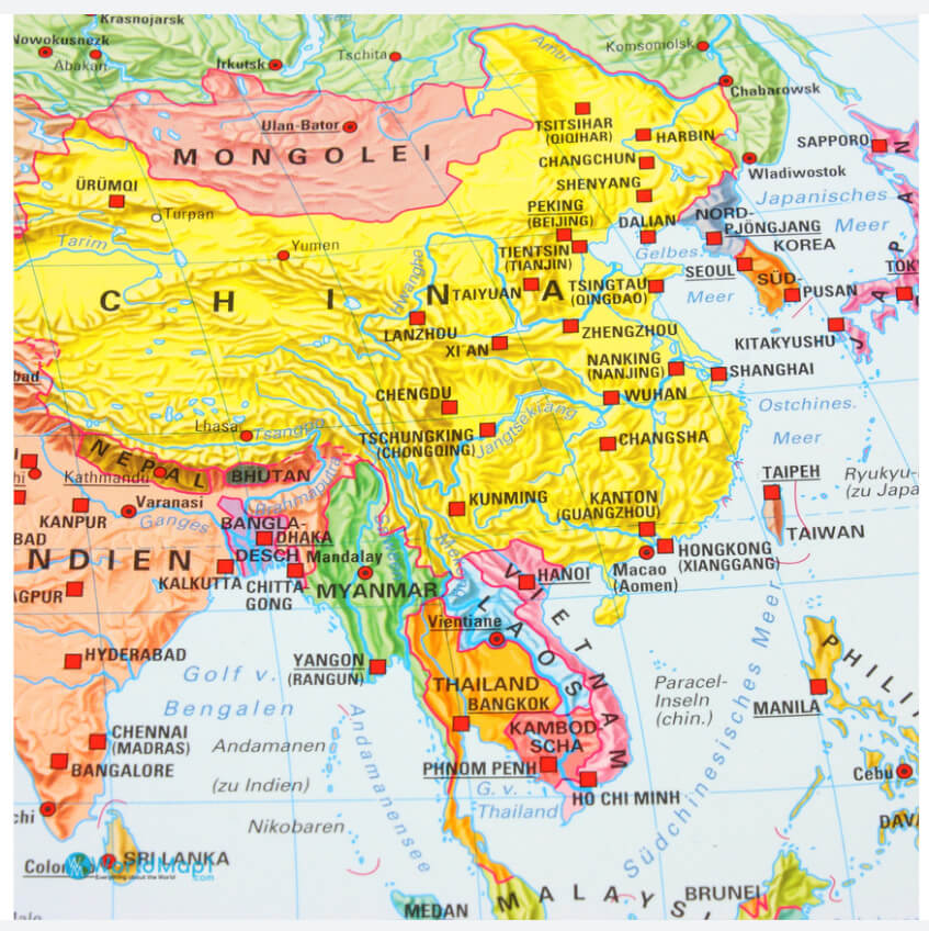 Carte des rivieres des pays asiatiques et de Taiwan